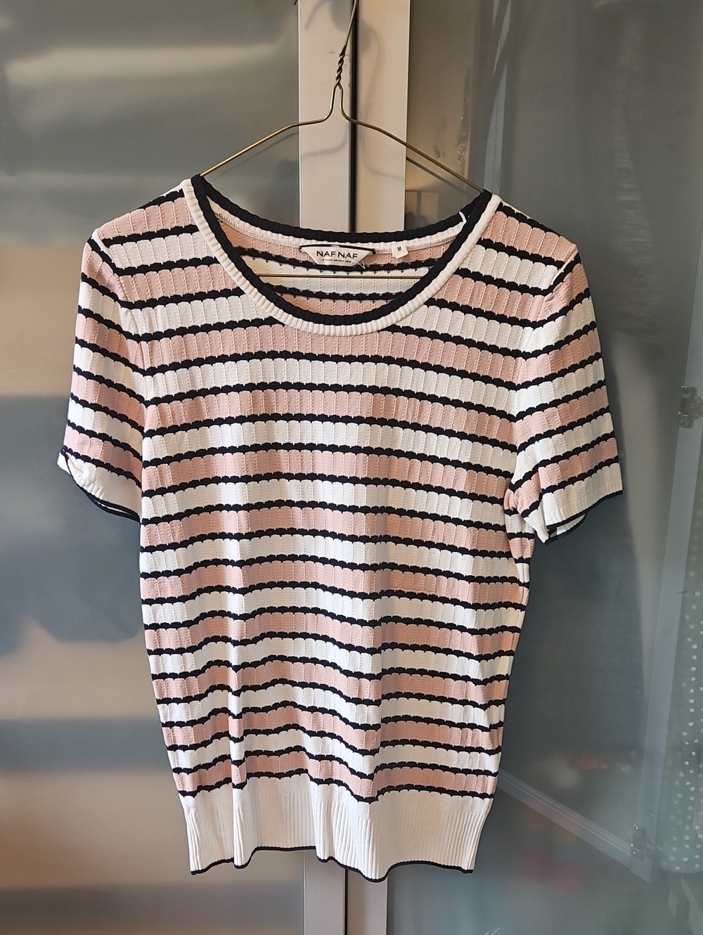 NAF NAF Pink, White & Black Striped Short Sleeve Knit Top